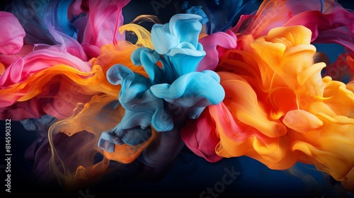 Blooming Ink Diffusion A vibrant abstract composition created by dropping colorful inks into water and letting them diffuse The colors blend and swirl together