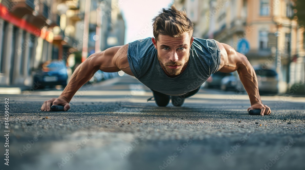 An energetic urban athlete performing push-ups on the pavement, utilizing outdoor fitness equipment to enhance his strength training routine. An energetic urban athlete performing push-ups on the pavement, utilizing outdoor fitness equipment to enhance his strength training routine.