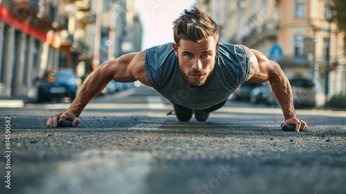 An energetic urban athlete performing push-ups on the pavement, utilizing outdoor fitness equipment to enhance his strength training routine. 