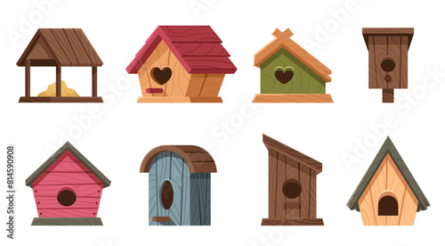 Cartoon wooden bird houses. Rustic avian homes with various designs. Hand made bird feeders of various shapes