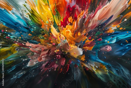 Fractured brushstrokes, each bursting with color, create a sense of raw energy in this mesmerizing composition