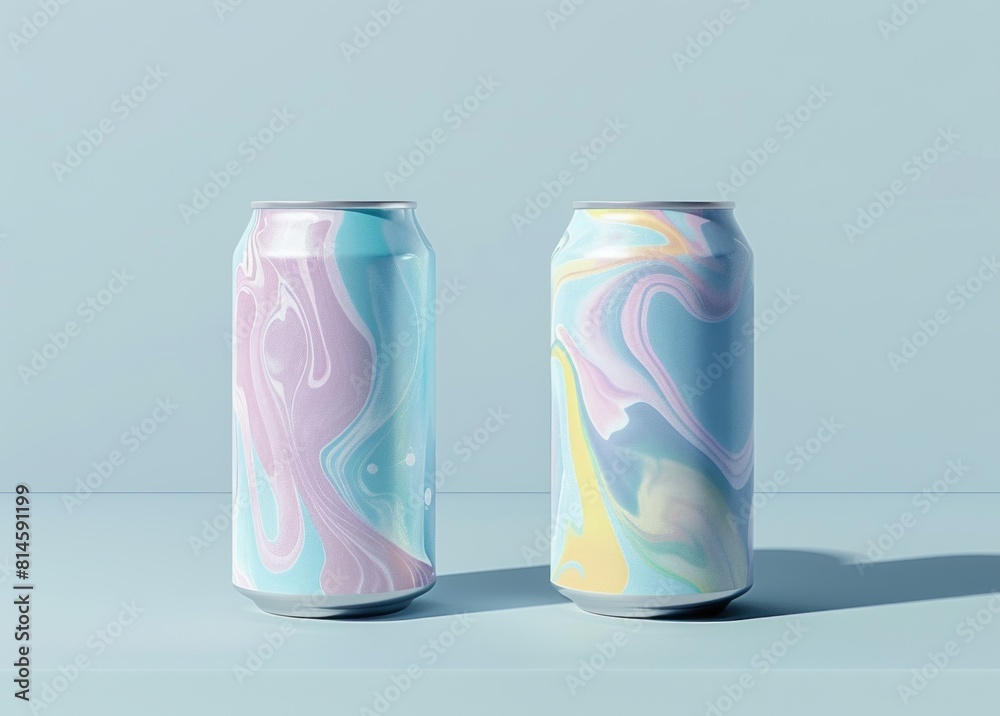 Close-up of two different colorful aluminum drink cans on a blue background. Close-up of two different colorful aluminum drink cans on a blue background.