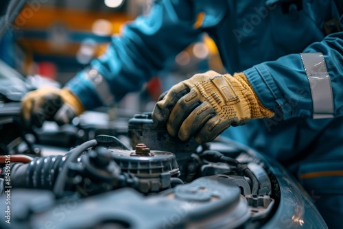 A mechanic wearing gloves works on car engine parts, adjusting components on a workbench.