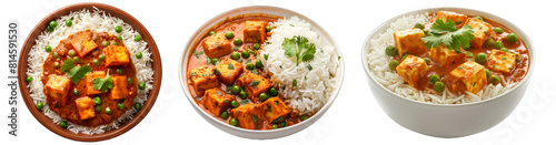 Tapety artystyczne mutter panner with boiled rice in bowl handi, green peas, and cottage cheese curry, isolated transparent png, Indian traditional local food dish