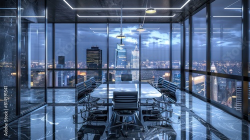 Conference room in a high-rise office, glass partitions, luxury 