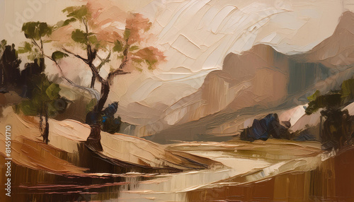 Fototapeta Naklejka Na Ścianę i Meble -  Abstract beige color acrylic painting on canvas. Natural landscape with mountains. Oil painting.