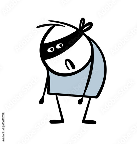 Funny very sad criminal in  black mask. Vector illustration   thief failed to steal the money, got caught stealing and was punished. Disgruntled stickman in court. Isolated man on white background.