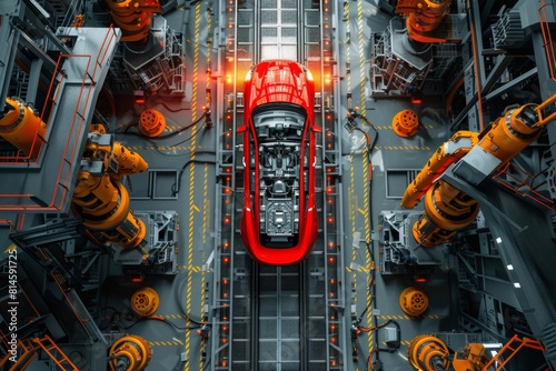 A shiny red car on a futuristic robotic assembly line in an industrial setting.