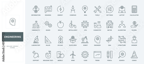 Engineering thin black and red line icons set vector illustration. Outline symbols of engineers tools, global algorithm and settings, support of search, upload and exchange information and ideas