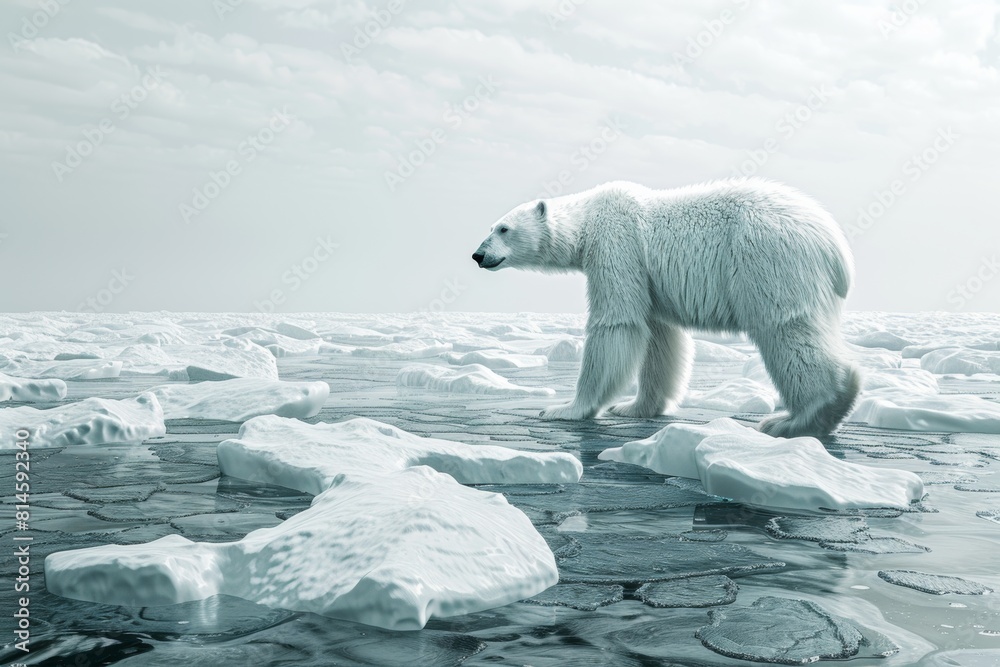 Lone polar bear traversing a landscape dotted with patches of melting ice, a stark reminder of environmental degradation. Lone polar bear traversing a landscape dotted with patches of melting ice, a stark reminder of environmental degradation.