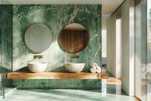 Colored bathroom interior with marble wall, glossy marble floor, double ceramic basins on wooden surface, big mirror. 3D Rendering  photo