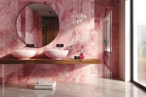 Colored bathroom interior with marble wall, glossy marble floor, double ceramic basins on wooden surface, big mirror. 3D Rendering  photo