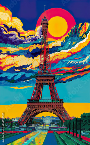 Paris, Eiffel Tower.  A retro-style poster with a colorful illustration of the Eiffel Tower.