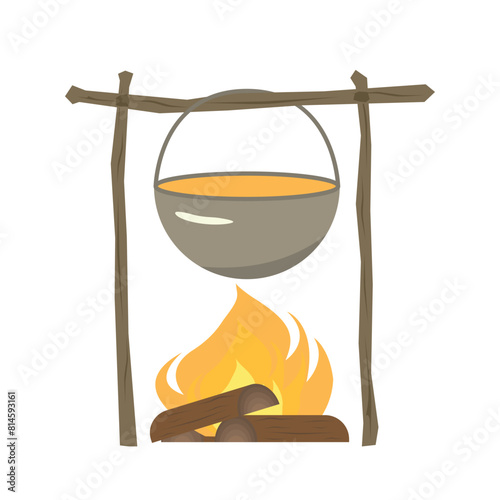 Pot over fire. Camping pot. Vector