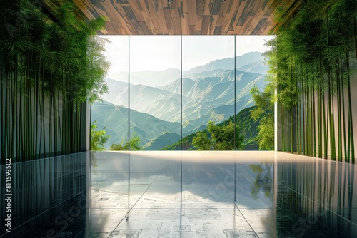 Digital compositing empty modern architecture with groves of bamboo against mountains in the distance