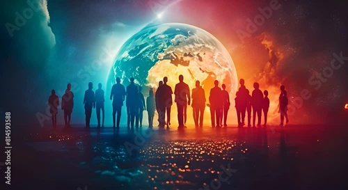 A symbolic globe manipulation background with human silhouettes representing diversity and inclusion photo