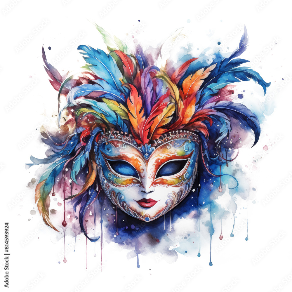 Watercolor PNG Venetian carnival mask on a white transparent background. Symmetrical design with a variety of feathers in red, purple, blue and other vibrant colors creating a vibrant floral pattern. Watercolor PNG Venetian carnival mask on a white transparent background. Symmetrical design with a variety of feathers in red, purple, blue and other vibrant colors creating a vibrant floral pattern.