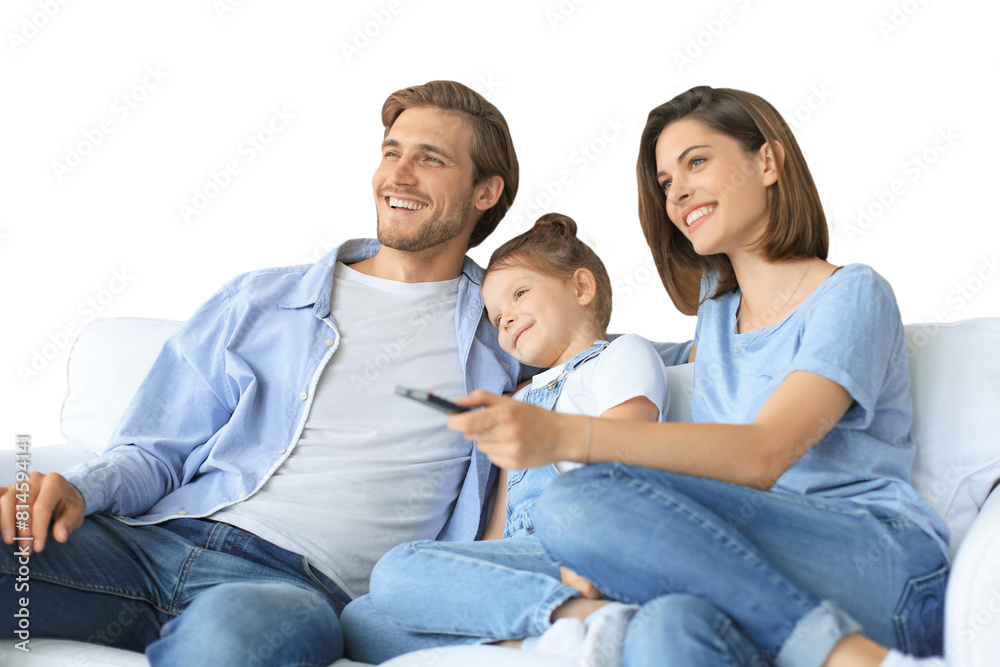 Happy family with child sitting on sofa watching tv, young parents embracing daughter relaxing on couch together on a transparent background