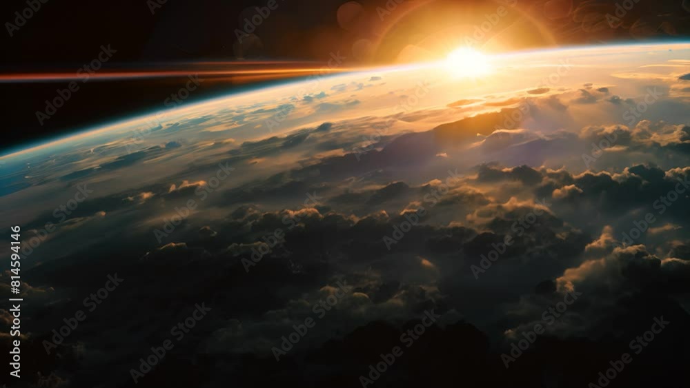Sunrise over Earth from space, showing atmospheric glow and cloud-covered landscape, backgrounds and science themes. Sunrise over Earth from space, showing atmospheric glow and cloud-covered landscape, backgrounds and science themes.