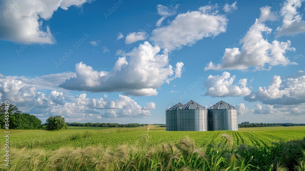 A tranquil countryside setting with grain silos framed by a clear blue sky and fluffy white clouds, evoking a sense of peace and tranquility.