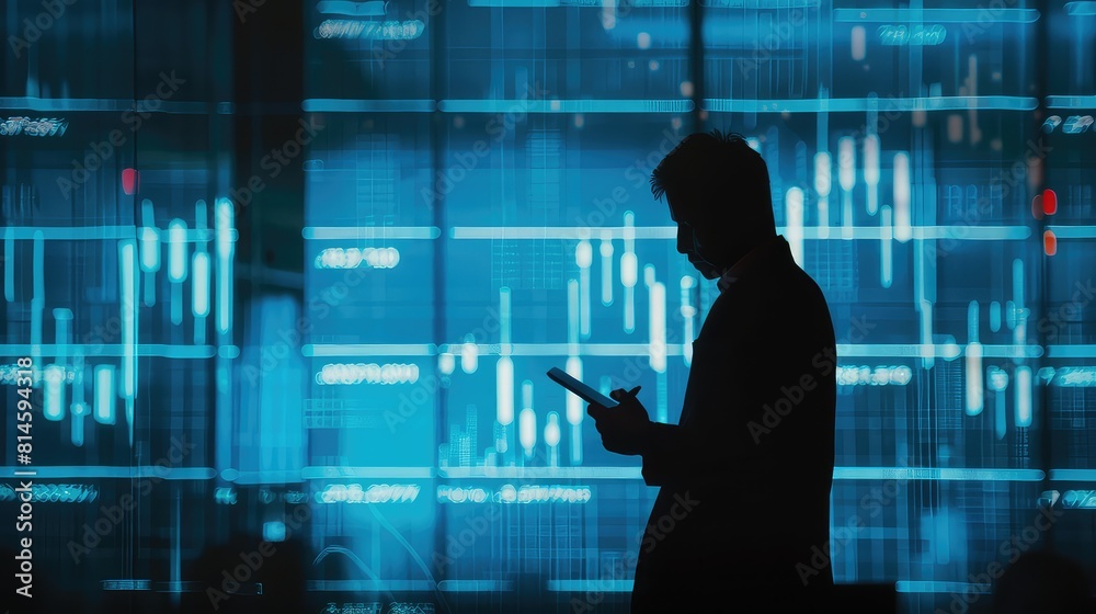 A trader's silhouette illuminated by virtual screens showing candlestick graphs, using a digital tablet to conduct technical analysis and make informed investment decisions. A trader's silhouette illuminated by virtual screens showing candlestick graphs, using a digital tablet to conduct technical analysis and make informed investment decisions.