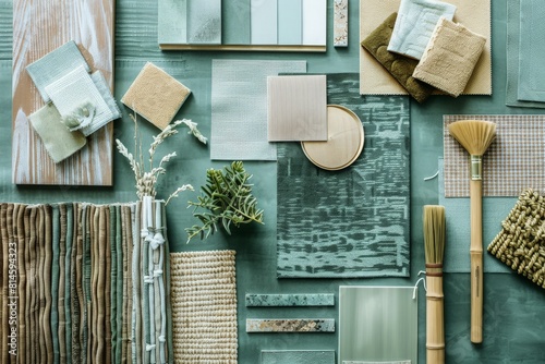 Elegant flat lay composition in green, blue and beige color palette with textile and paint samples, lamella panels and tiles. Architect and interior designer moodboard. Top view. Copy space