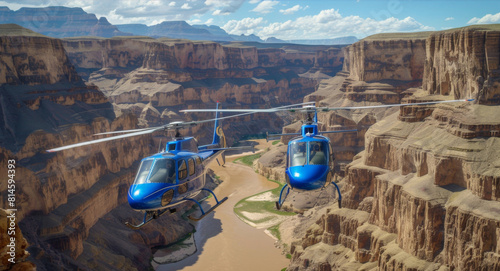 Create a scenic illustration of airplanes flying over the majestic Grand Canyon, with its rugged cliffs and winding