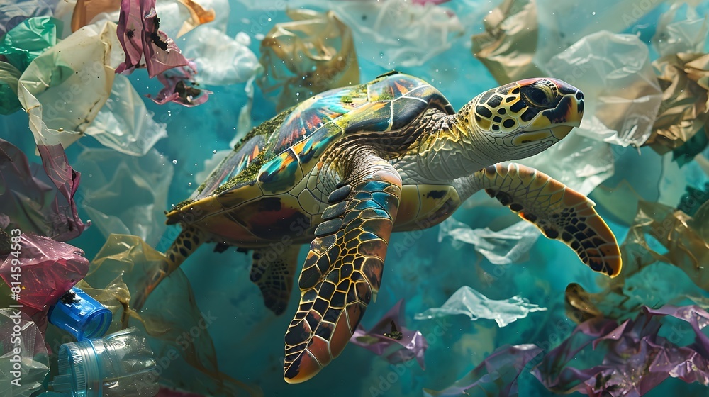 the confusion of a turtle navigating through plastic pollution