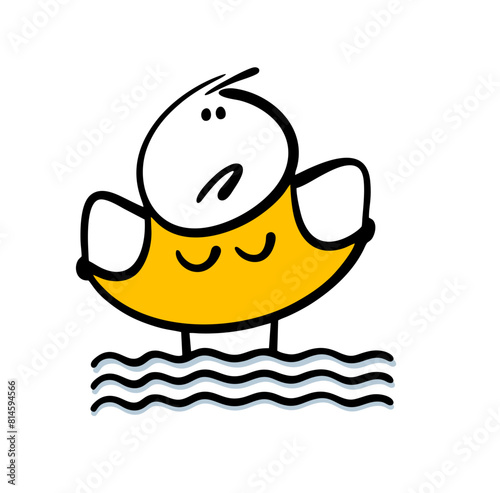 Disgruntled young woman is standing in the water, lifting the hem of her dress. Vector illustration of cartoon doodle  girl crossing a river in wet clothes. Global flood. Isolated on white background.