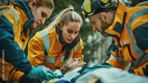 A team of skilled rescuers working efficiently to stabilize an injured individual's neck with a splint before transferring them onto an emergency bed for transport to the hospital.