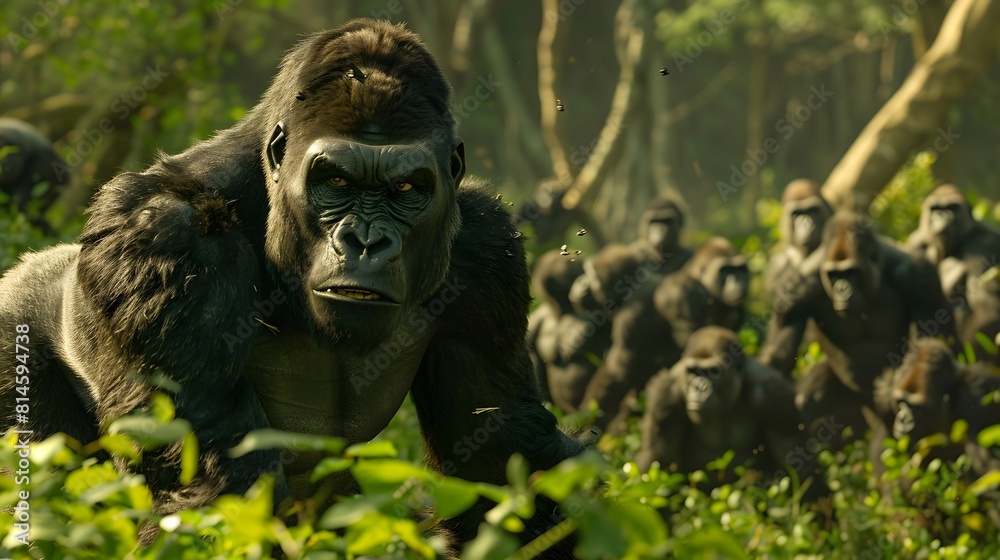 A close-up portrait of a powerful western lowland gorilla with black hairy fur, sitting thoughtfully in the Congo jungle A close-up portrait of a powerful western lowland gorilla with black hairy fur, sitting thoughtfully in the Congo jungle