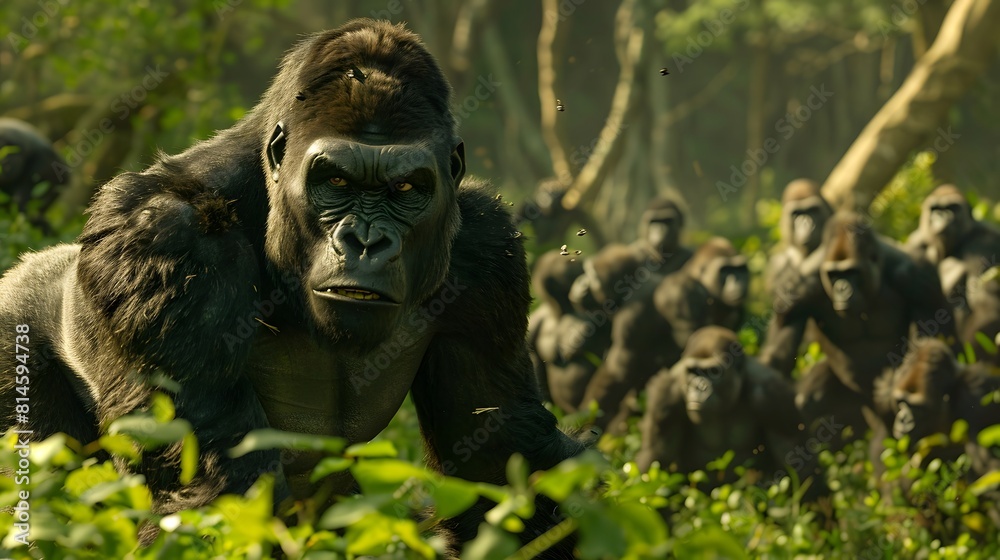 A close-up portrait of a powerful western lowland gorilla with black hairy fur, sitting thoughtfully in the Congo jungle