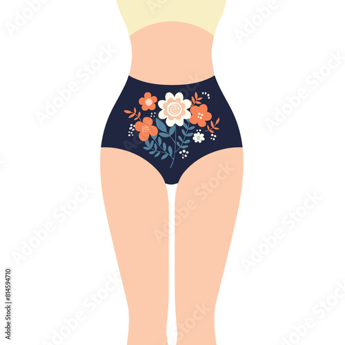 Vector illustration of woman lower body in black period panties with floral pattern. Menstruation women health amenorrhea menopause concept