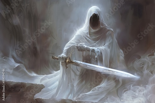Fantasy Art of A ghostly presence grips a sword, seeking vengeance photo