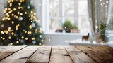 Empty woooden table top with abstract warm living room decor with christmas tree string light blur background with snow,Holiday backdrop,Mock up banner for display of advertise product 