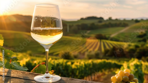 A glass of crisp white wine against a backdrop of vineyards. Generative AI