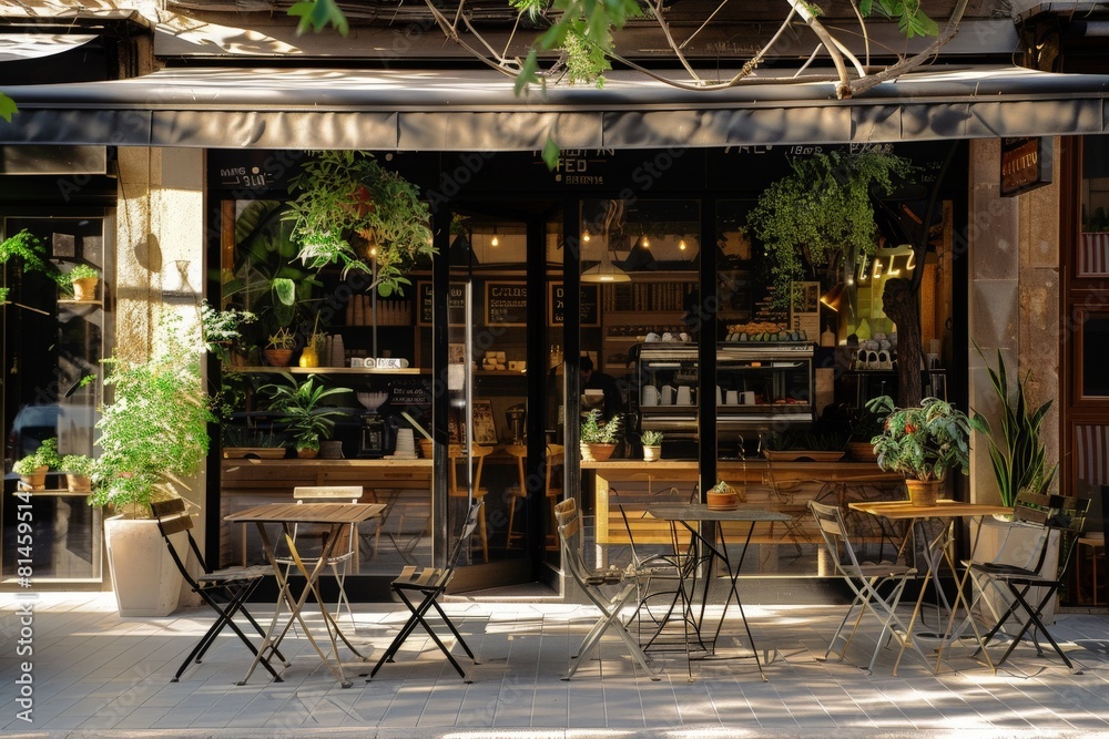 Entrance Of Coffee Shop With Tables And Chairs On Sidewalk Entrance Of Coffee Shop With Tables And Chairs On Sidewalk