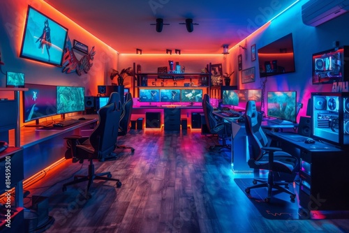 Esports Video Gaming Studio With Computers  Gaming Chairs And Neon Lighting 