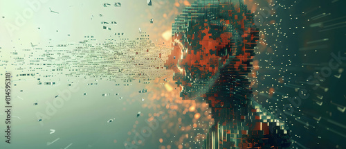 A human form made of disintegrating squares and cubes stands in front of a digital background, with abstract particles floating in a cybernetics computer rendering of space. photo