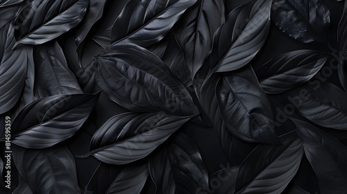 Tropical leaf digital AI design featuring textures of abstract black leaves for a dark nature concept. Flat lay format for a tropical foliage-inspired look.