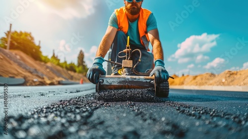 A dynamic image of a young road construction worker, with a beard and safety goggles, operating a compactor machine to smooth out newly laid asphalt on a sunny day.  photo