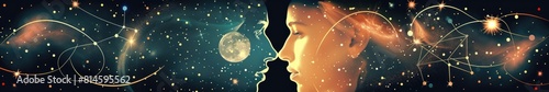 Illustration of astrological compatibility, couple on stars background