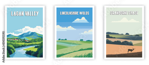 Lagan Valley, Lincolnshire Wolds, Cranborne Chase Illustration Art. Travel Poster Wall Art. Minimalist Vector art