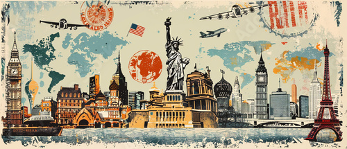 Vintage print featuring iconic global landmarks on colorful postage stamps, including Big Ben and Eiffel Tower.