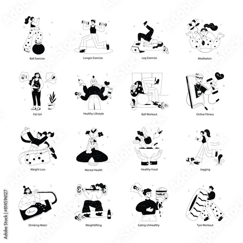 Set of 16 Fitness Doodle Mini Illustrations

