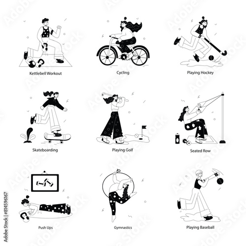 Trendy Doodle Mini Illustrations Depicting Fitness Sports 

