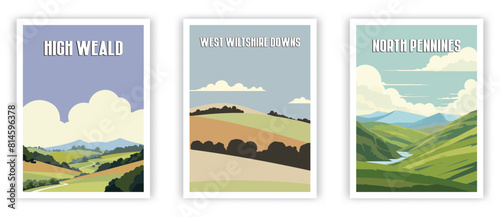 High Weald, West Wiltshire Downs, North Pennines Illustration Art. Travel Poster Wall Art. Minimalist Vector art photo