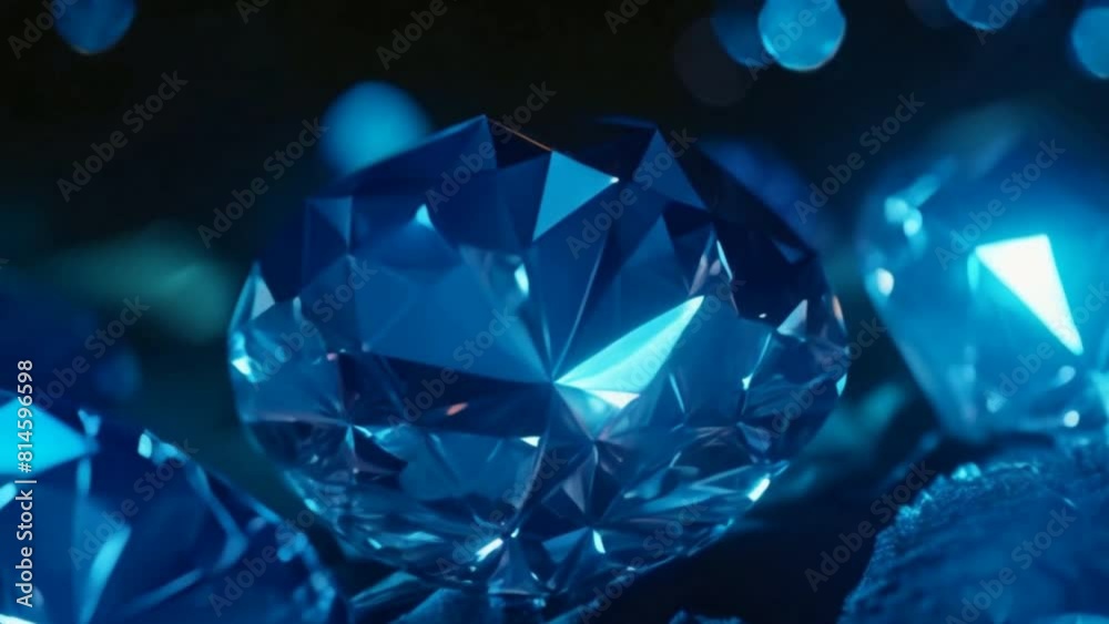 A close up of four blue diamonds. The diamonds are all different sizes and are set in a black background. The blue color of the diamonds is very bright and stands out against the dark background A close up of four blue diamonds. The diamonds are all different sizes and are set in a black background. The blue color of the diamonds is very bright and stands out against the dark background