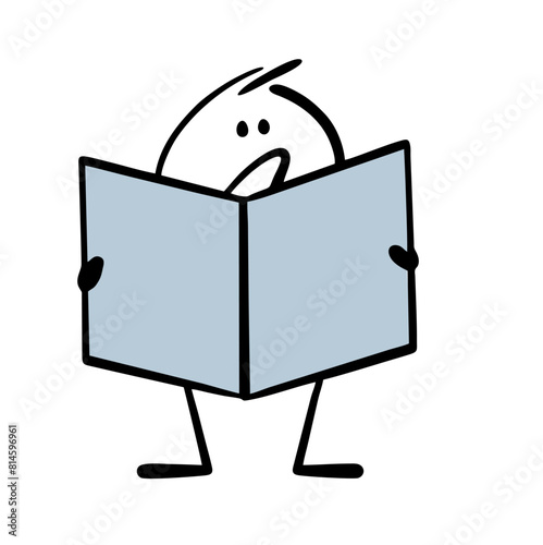 Disgruntled man reads the world news, holds large newspaper. Vector illustration sad stickman gets knowledge from big book or magazine. Isolateddoodle boy on white background.