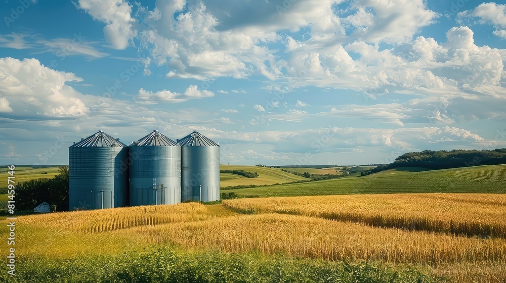 A picturesque setting with grain silos surrounded by vast expanses of farmland, illustrating the heart of agricultural production in rural areas. A picturesque setting with grain silos surrounded by vast expanses of farmland, illustrating the heart of agricultural production in rural areas.